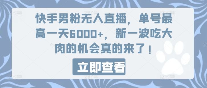 快手男粉无人直播，单号最高一天6000+，新一波吃大肉的机会真的来了-怡宝聊项目