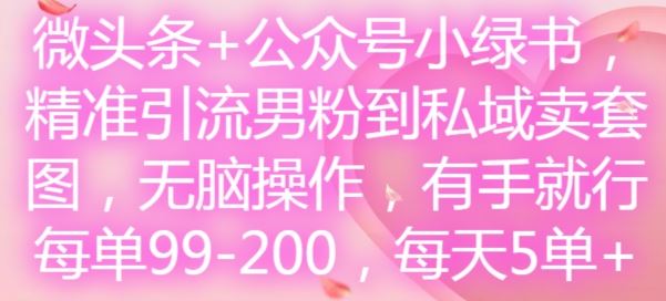 微头条+公众号小绿书，精准引流男粉到私域卖套图，无脑操作，有手就行，每单99-200，每天5单-怡宝聊项目