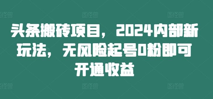 头条搬砖项目，2024内部新玩法，无风险起号0粉即可开通收益-怡宝聊项目
